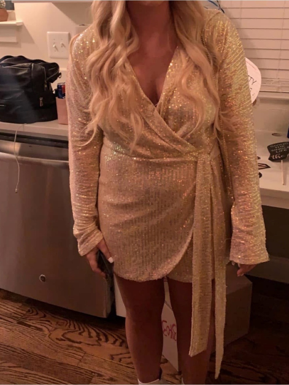 Pink Lily Gold Sequin Wrap Mini Dress